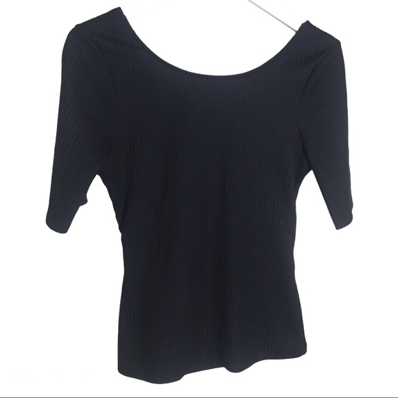 VENUS Ribbed Blouse With Bow Tie Back Detail & 3/4 Length Sleeves Black Medium - Picture 4 of 6